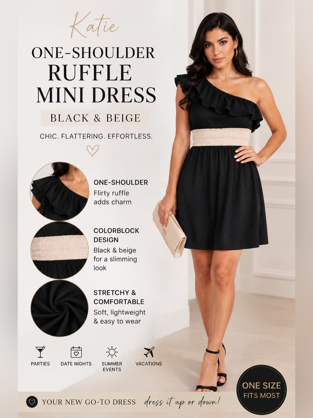 Katie One-Shoulder Ruffle Mini Dress Black & Beige Colorblock Stretchy Party